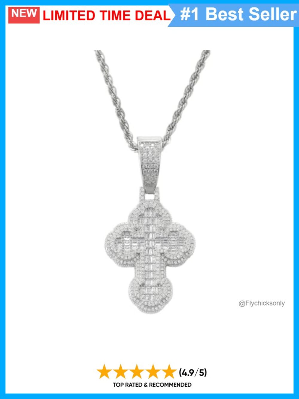 Gold Plated Cross Pendant Necklace with Cubic Zirconia and 20in Rope Chain,